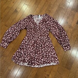 Madewell Floral Smocked Y-neck Burgundy and White Long Sleeve Mini Dress